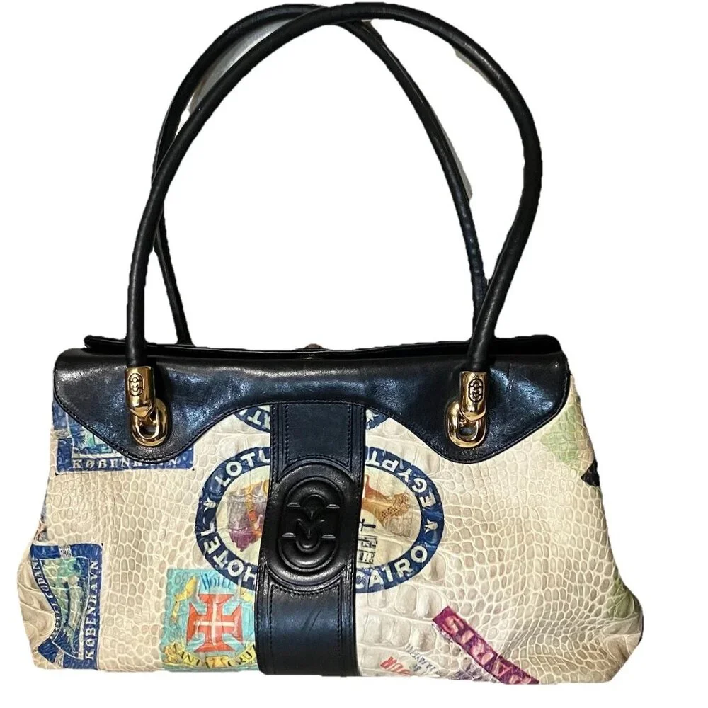 Marino Orlandi Cream and Black Travel-Stamp Satchel